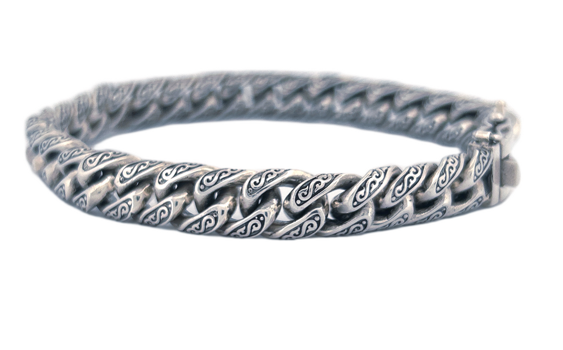 Hand-Carved Cuban Link Sterling Silver Bracelet – Handmade with Secure Box Clasp CB33
