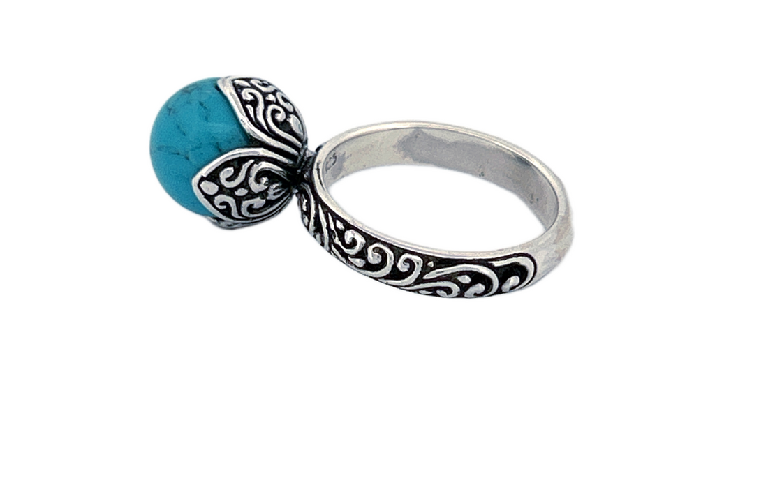 Sterling Silver Turquoise Ring – Ornate Vine Design