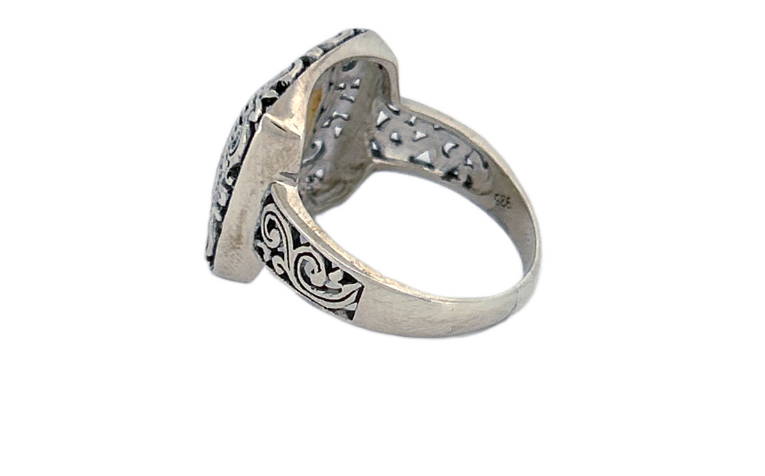 Sterling Silver Mother of Pearl Ring – Square Ornate Design