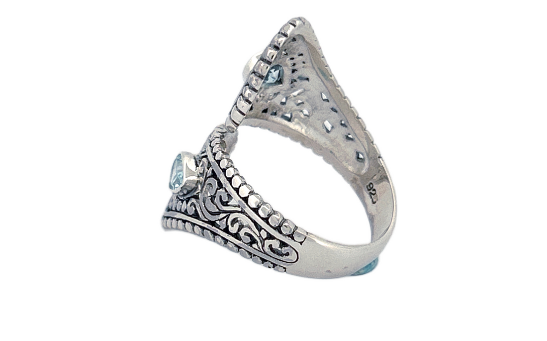 Sterling Silver Blue Topaz Ring – Dual Pear shape Filigree Design