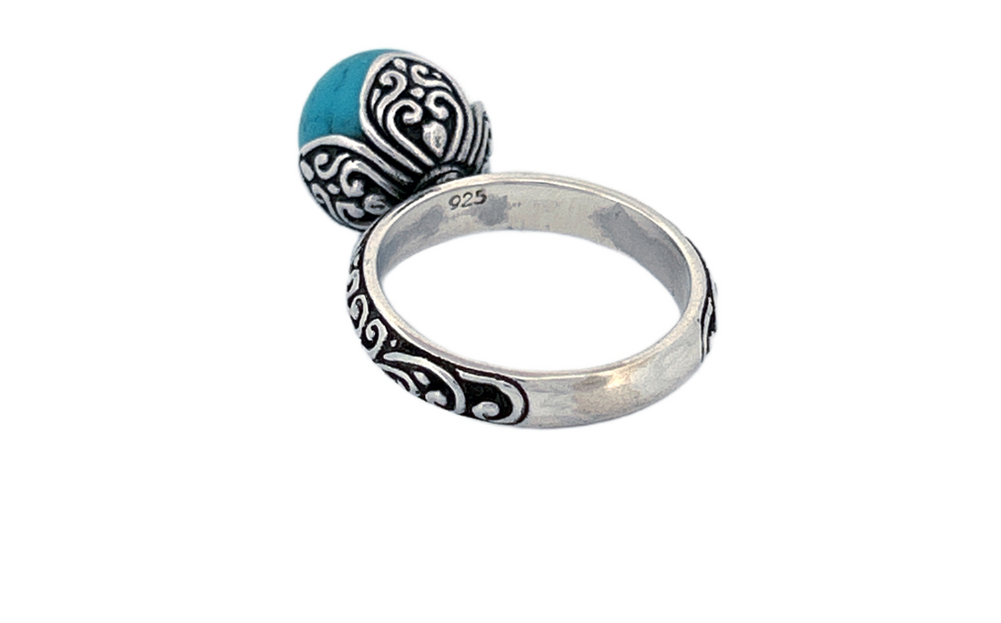 Sterling Silver Turquoise Ring – Ornate Vine Design