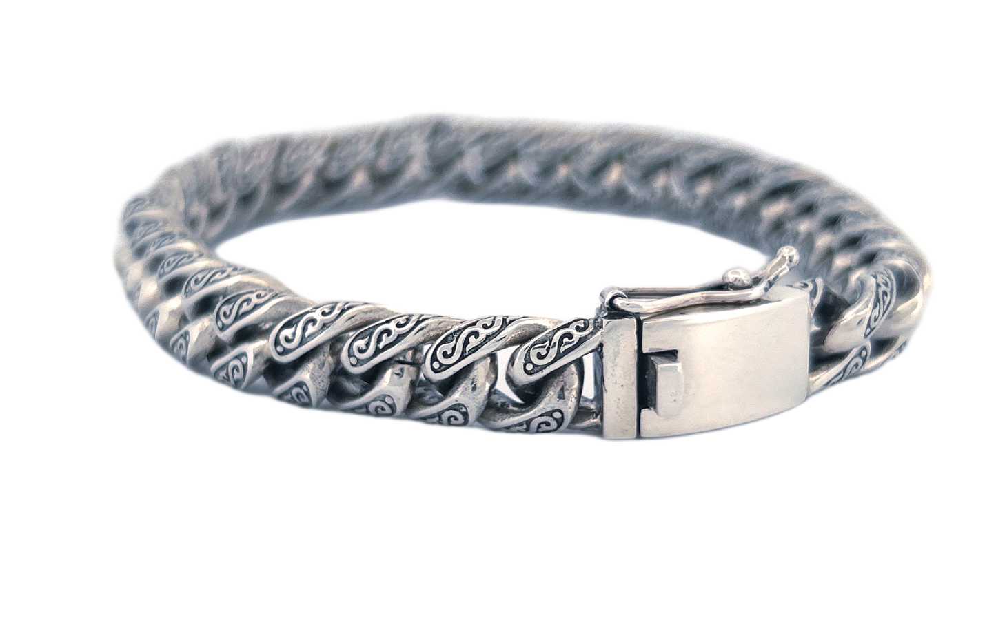 Hand-Carved Cuban Link Sterling Silver Bracelet – Handmade with Secure Box Clasp CB33