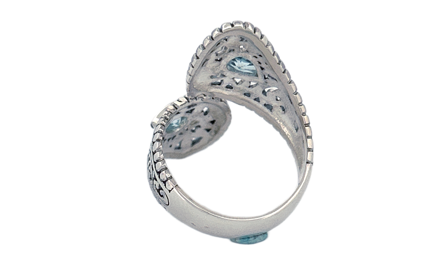 Sterling Silver Blue Topaz Ring – Dual Pear shape Filigree Design