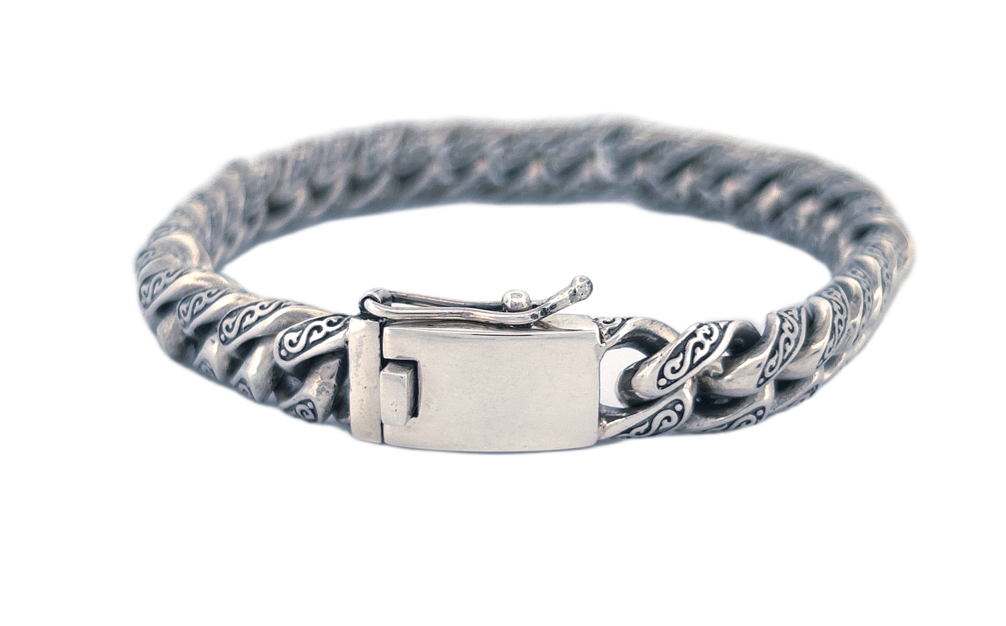 Hand-Carved Cuban Link Sterling Silver Bracelet – Handmade with Secure Box Clasp CB33