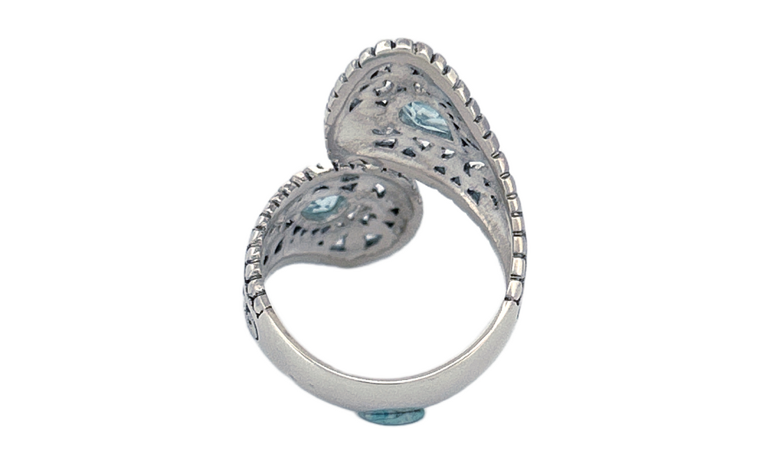 Sterling Silver Blue Topaz Ring – Dual Pear shape Filigree Design