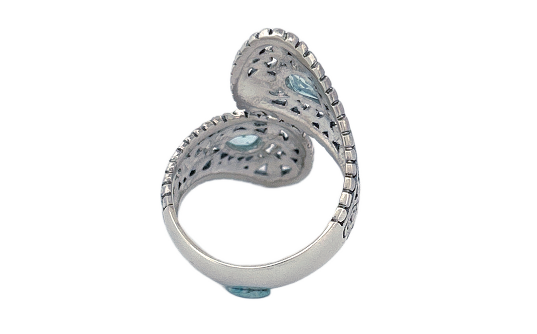 Sterling Silver Blue Topaz Ring – Dual Pear shape Filigree Design