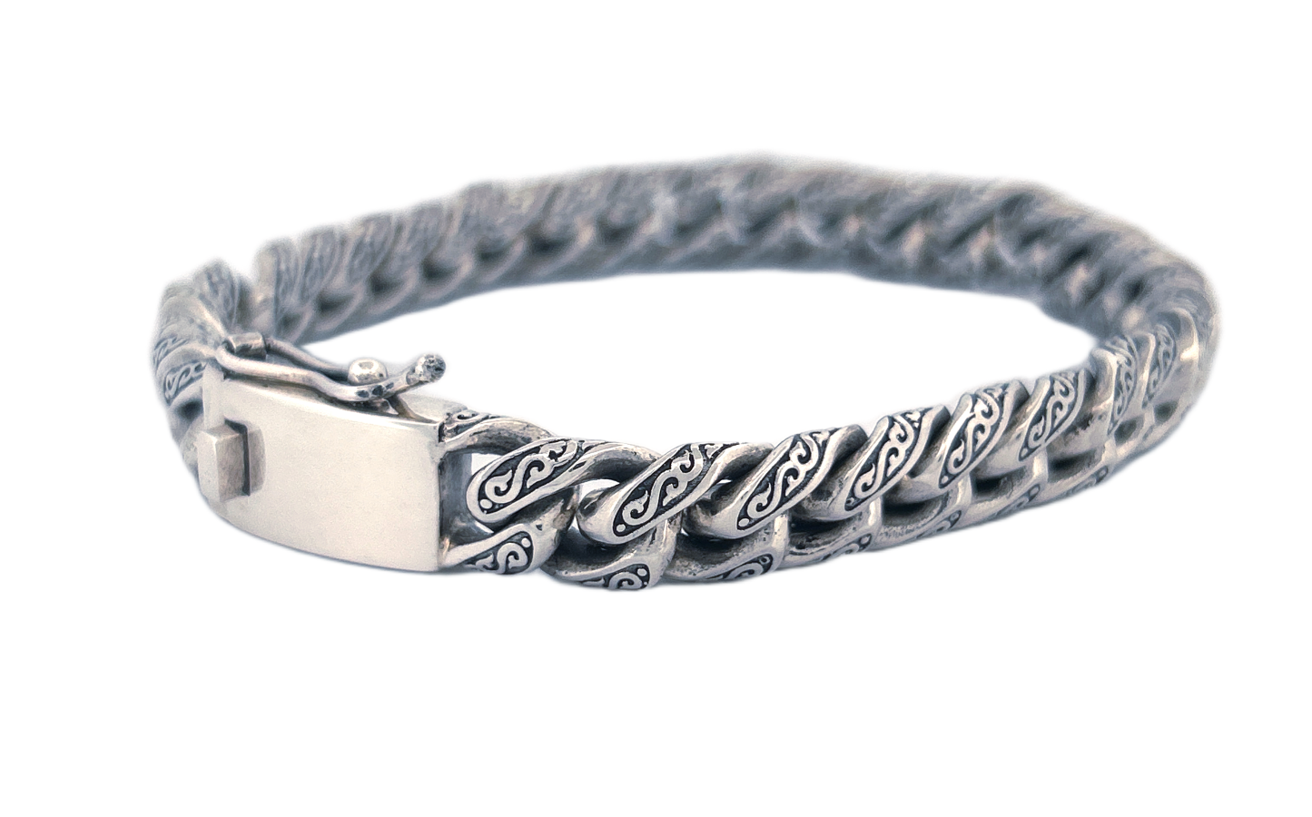Hand-Carved Cuban Link Sterling Silver Bracelet – Handmade with Secure Box Clasp CB33