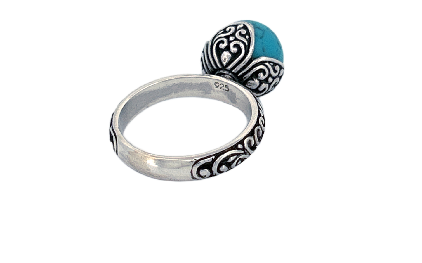 Sterling Silver Turquoise Ring – Ornate Vine Design