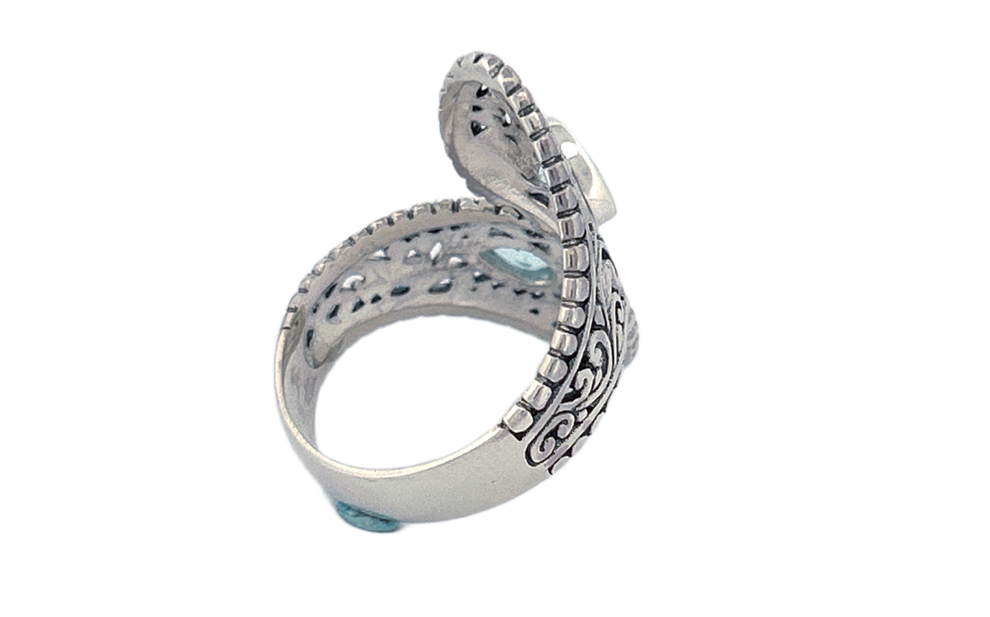 Sterling Silver Blue Topaz Ring – Dual Pear shape Filigree Design