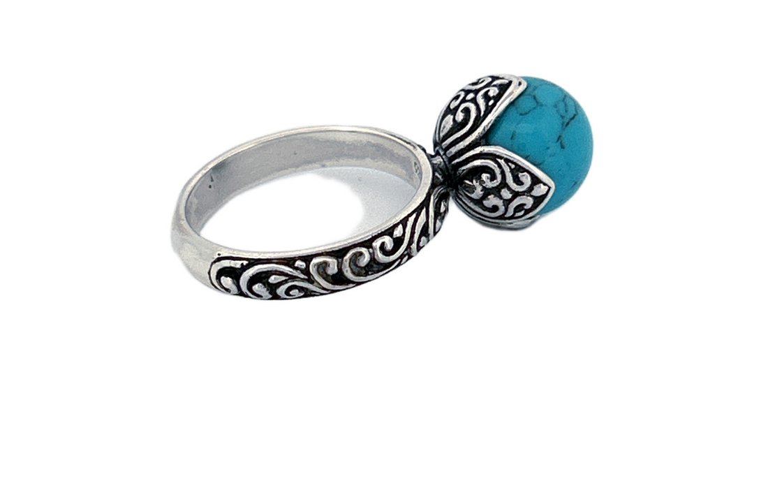 Sterling Silver Turquoise Ring – Ornate Vine Design