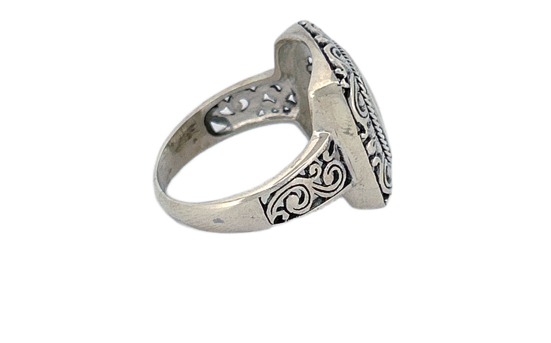 Sterling Silver Mother of Pearl Ring – Square Ornate Design