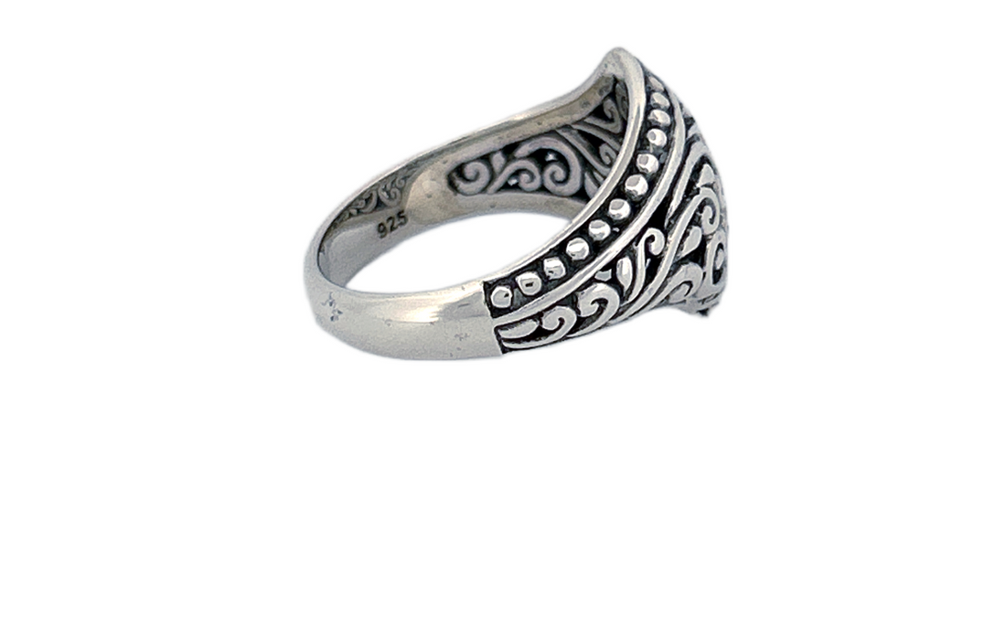 Sterling Silver Ornate Shield Ring – Swirl Design