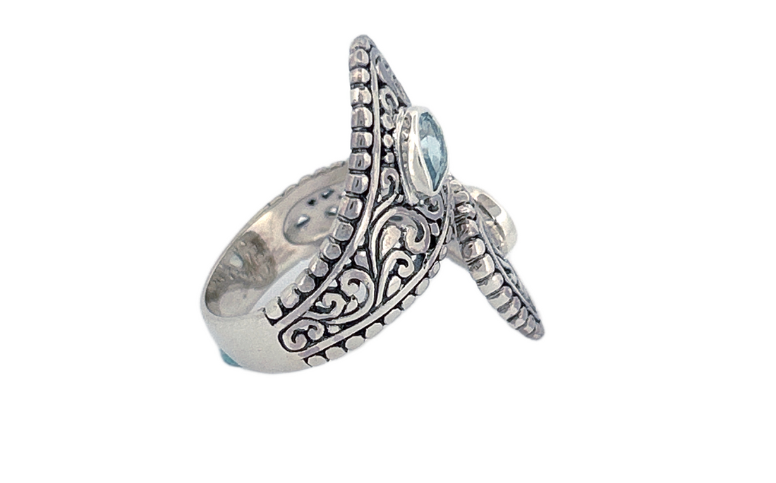 Sterling Silver Blue Topaz Ring – Dual Pear shape Filigree Design