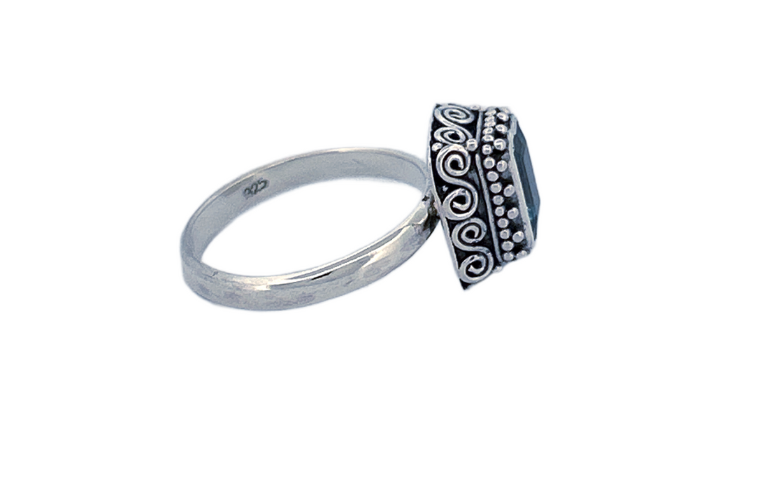 Hand Finished Sterling Silver Rectangular Cut Blue Topaz Ring- R73