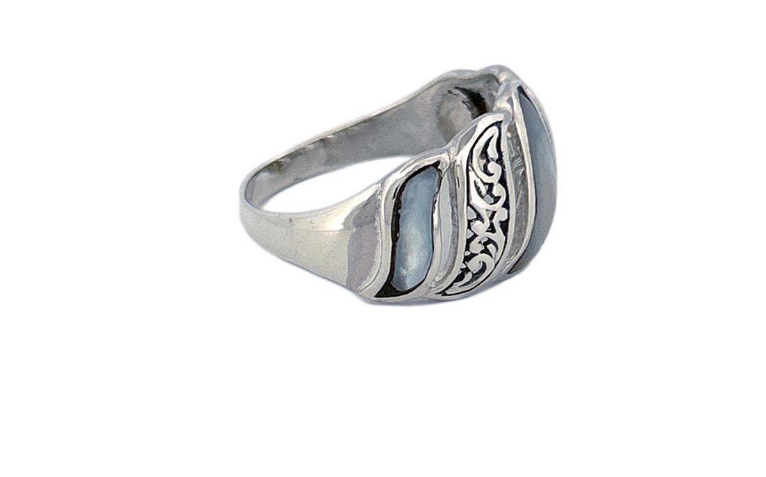 Sterling Silver Mother of Pearl Ring – Wave Pattern Design