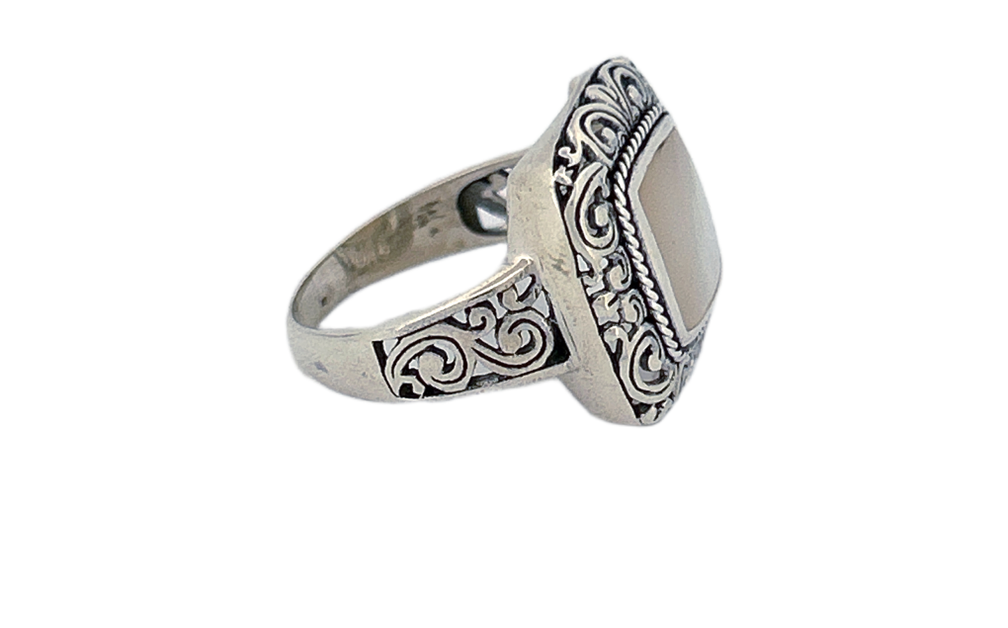 Sterling Silver Mother of Pearl Ring – Square Ornate Design
