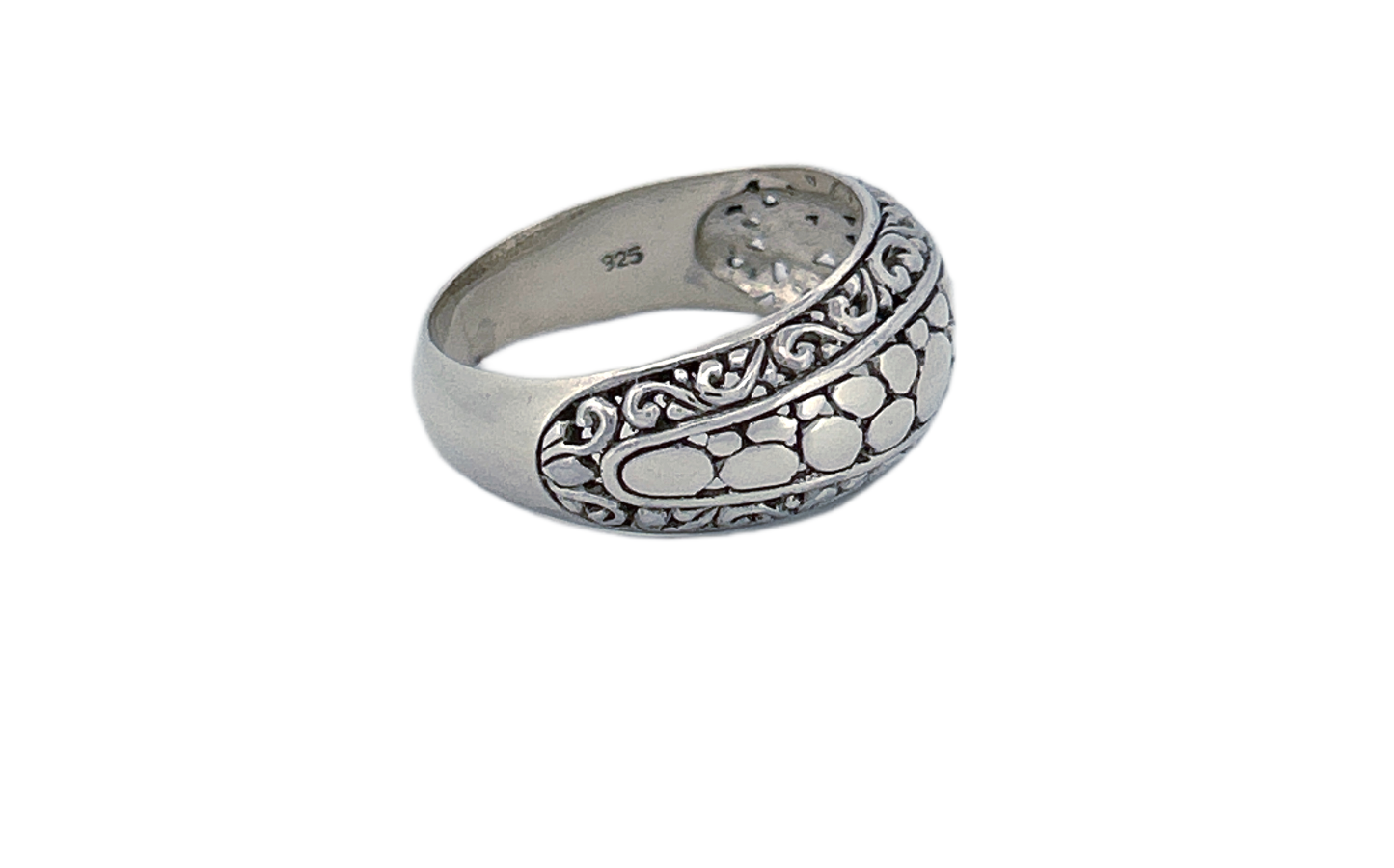 Sterling Silver Band Ring – Pebble & Scroll Pattern