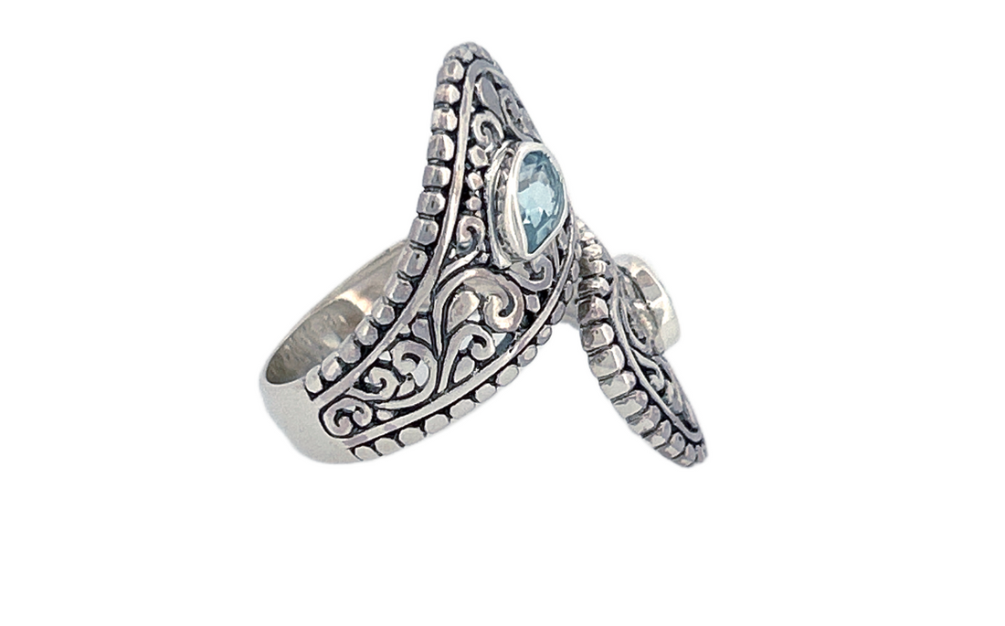 Sterling Silver Blue Topaz Ring – Dual Pear shape Filigree Design