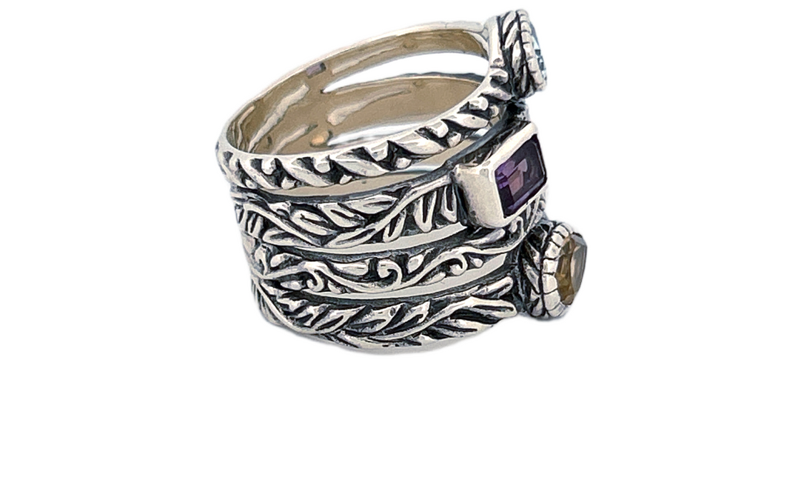 Sterling Silver Gemstone Stack Ring – Blue Topaz, Citrine & Amethyst