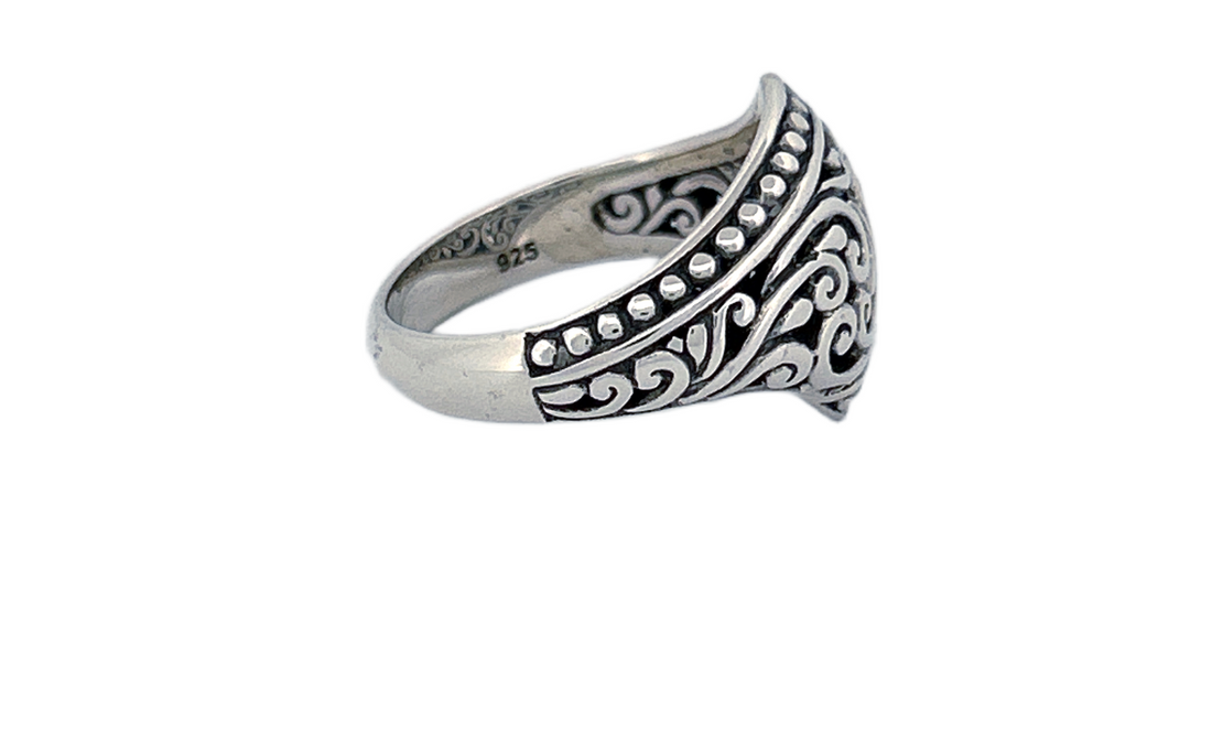 Sterling Silver Ornate Shield Ring – Swirl Design