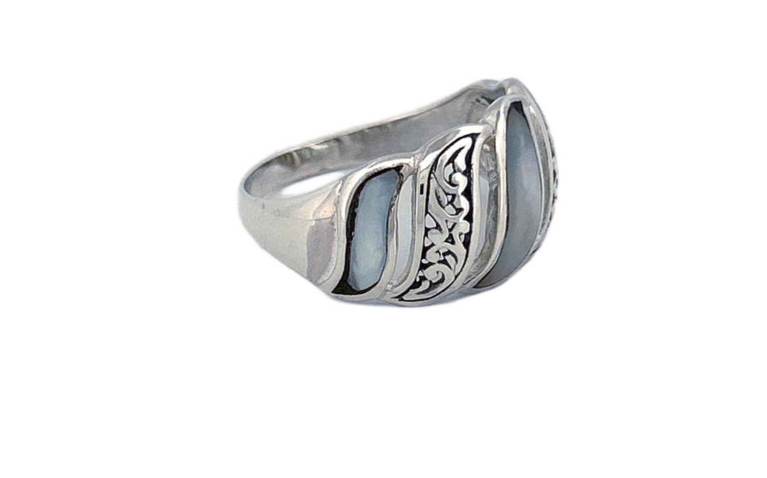 Sterling Silver Mother of Pearl Ring – Wave Pattern Design
