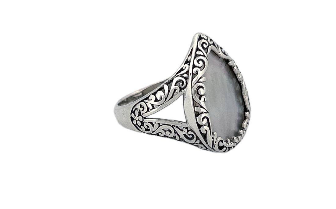 925 Sterling Silver Mother of Pearl Ring | Natural Shell Ring| Handmade Minimalist Jewelry | Genuine Mother of Pearl-R85 A