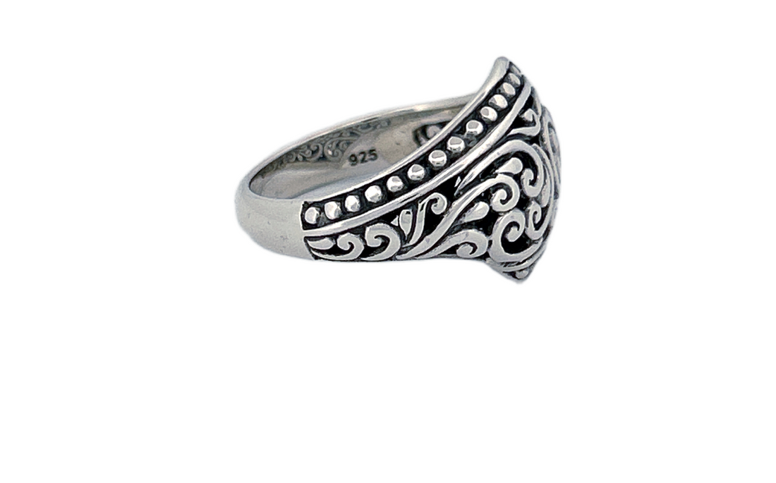 Sterling Silver Ornate Shield Ring – Swirl Design