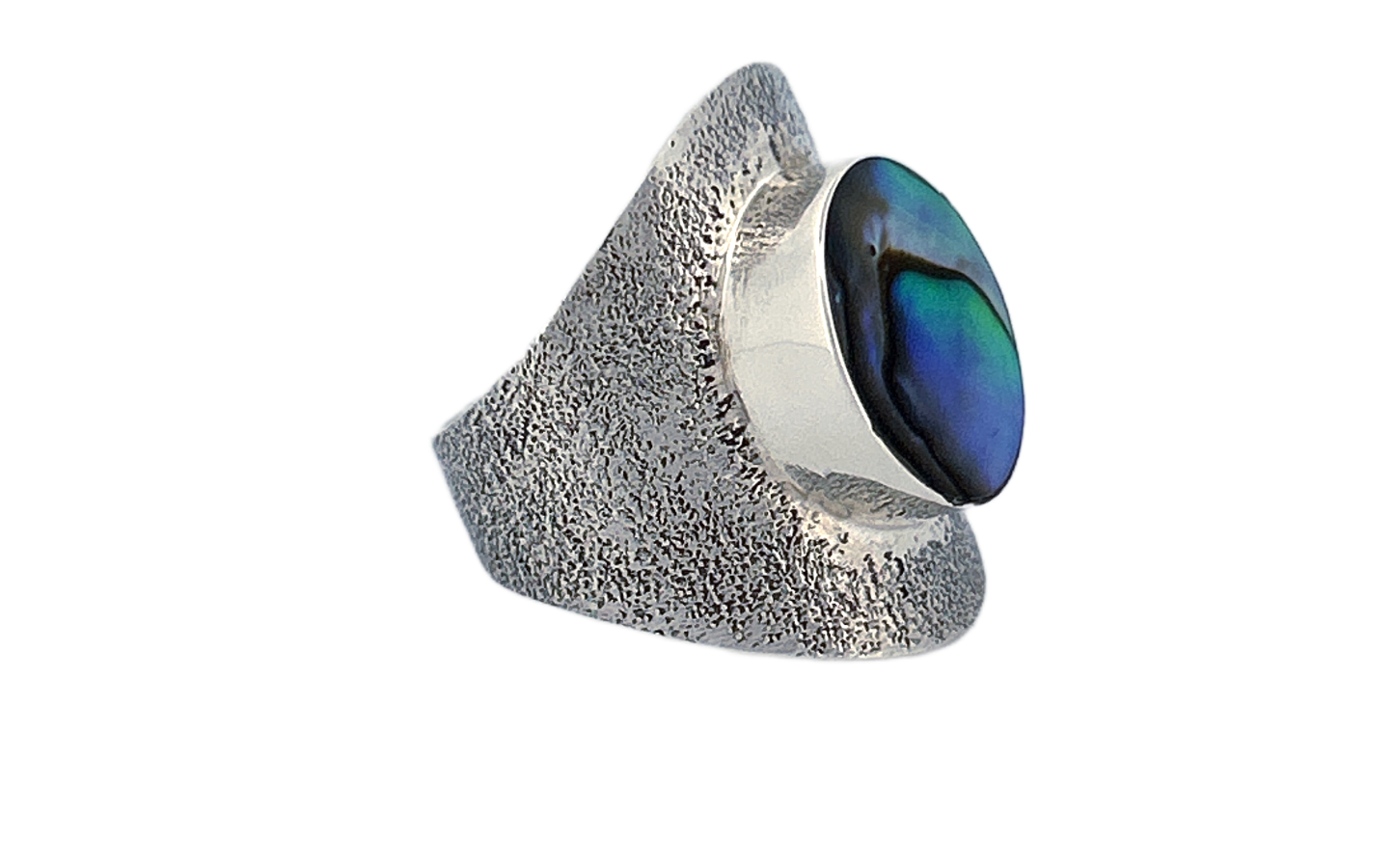 Sterling Silver Abalone Shell Ring – Wide Textured Band