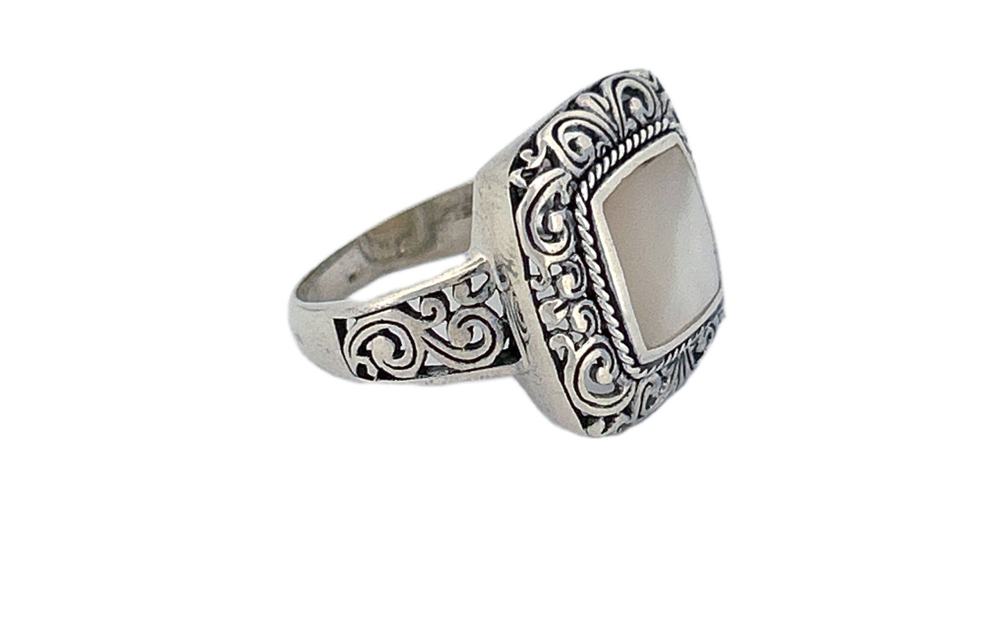 Sterling Silver Mother of Pearl Ring – Square Ornate Design