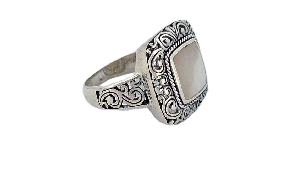 Sterling Silver Mother of Pearl Ring – Square Ornate Design
