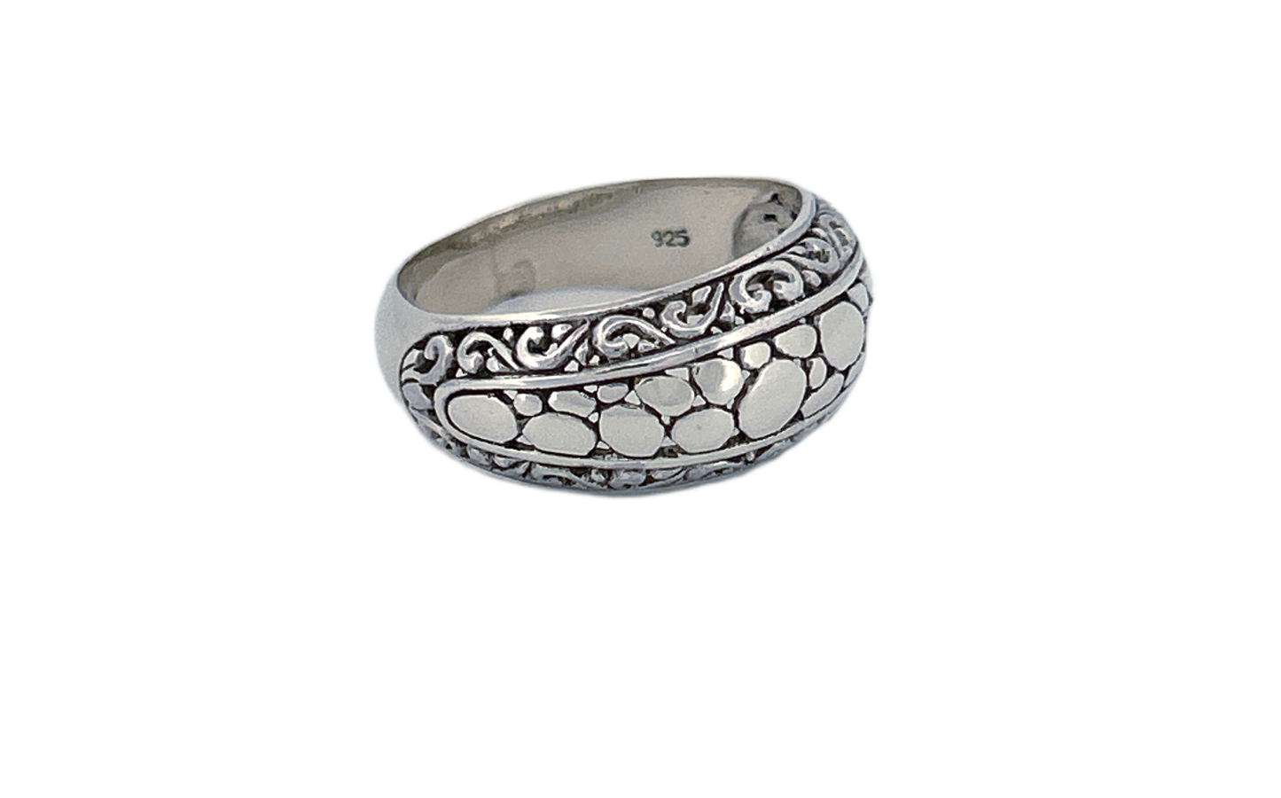 Sterling Silver Band Ring – Pebble & Scroll Pattern
