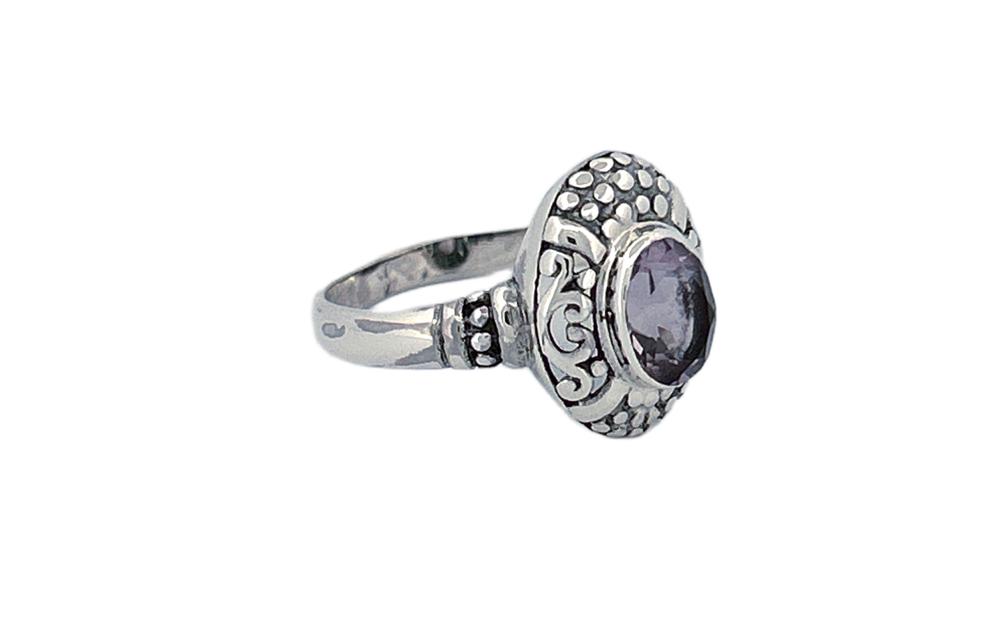 Sterling Silver Amethyst Ring – Ornate Oval Design