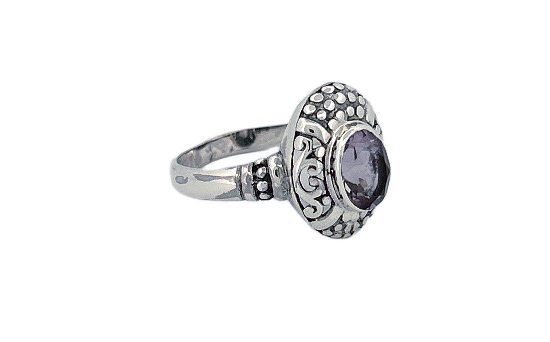 Sterling Silver Amethyst Ring – Ornate Oval Design