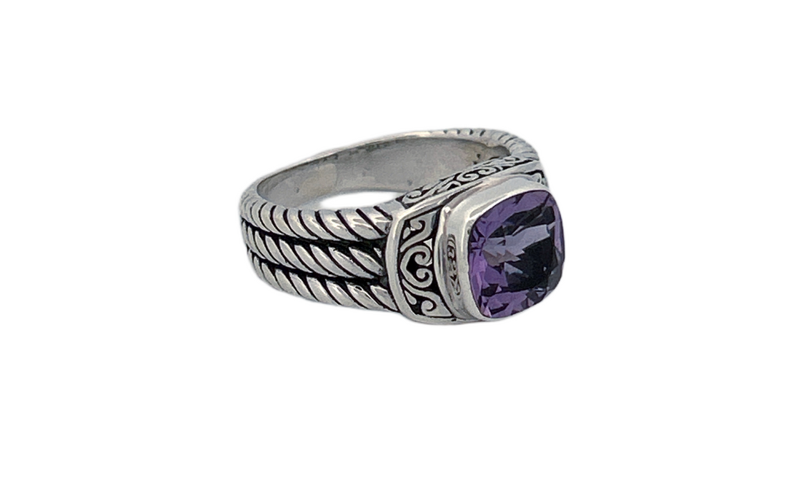 925 Sterling Silver Cushion Cut Natural Amethyst Ring - R42
