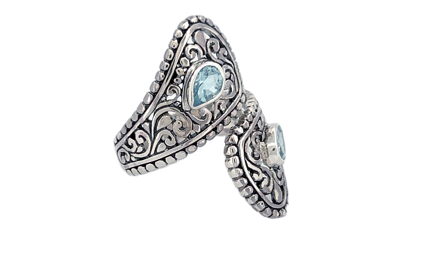 Sterling Silver Blue Topaz Ring – Dual Pear shape Filigree Design