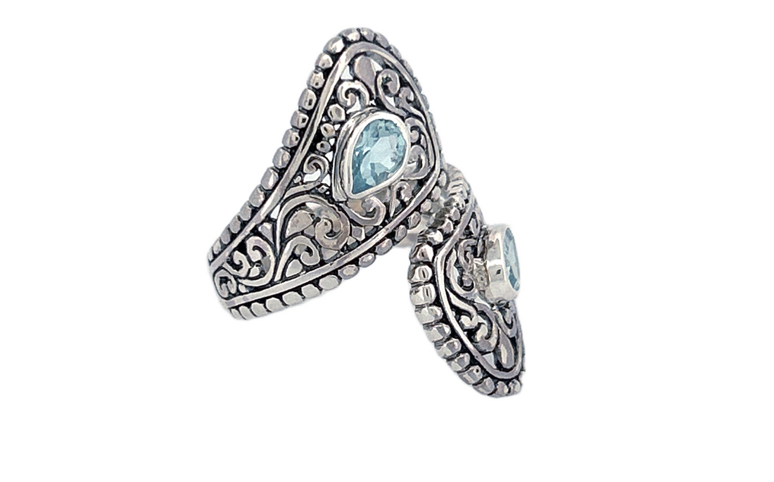 Sterling Silver Blue Topaz Ring – Dual Pear shape Filigree Design