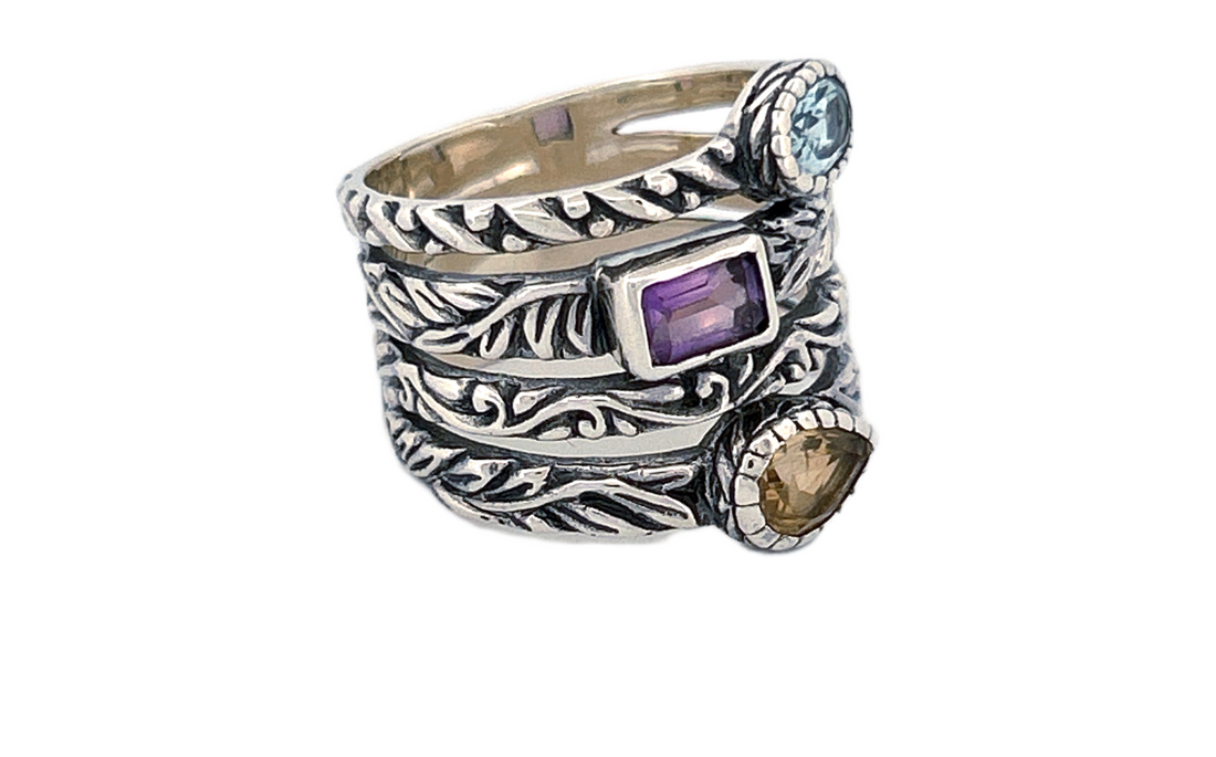 Sterling Silver Gemstone Stack Ring – Blue Topaz, Citrine & Amethyst