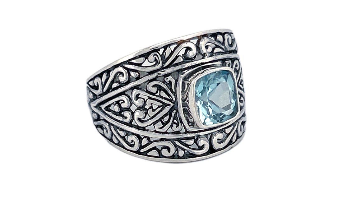 Sterling Silver Filigree Ring with Square‑Cut Gemstone