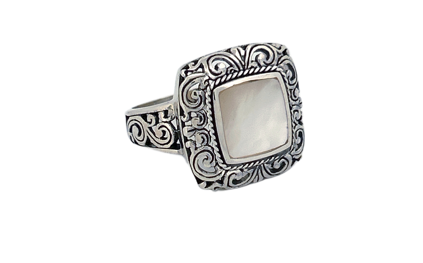 Sterling Silver Mother of Pearl Ring – Square Ornate Design