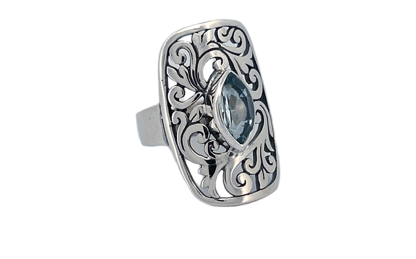 Sterling Silver Filigree Ring with Blue Topaz