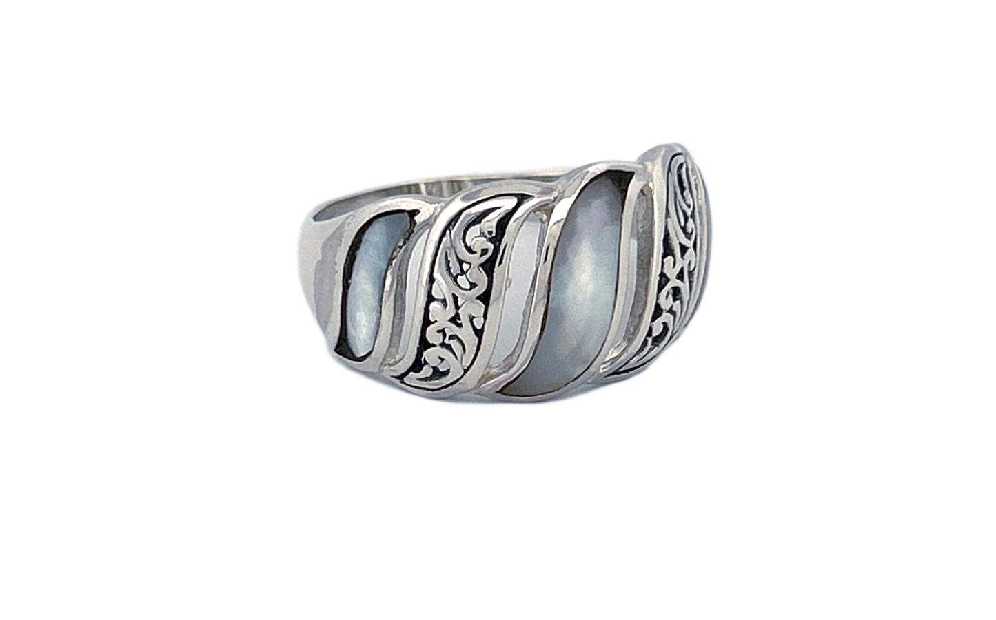 Sterling Silver Mother of Pearl Ring – Wave Pattern Design
