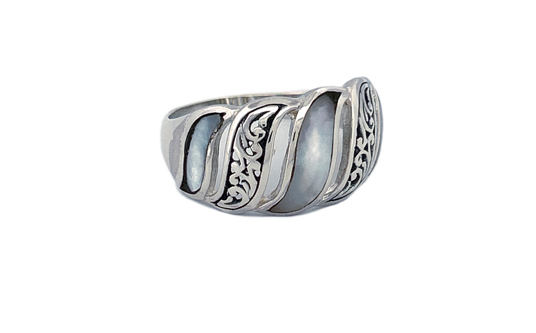 Sterling Silver Mother of Pearl Ring – Wave Pattern Design