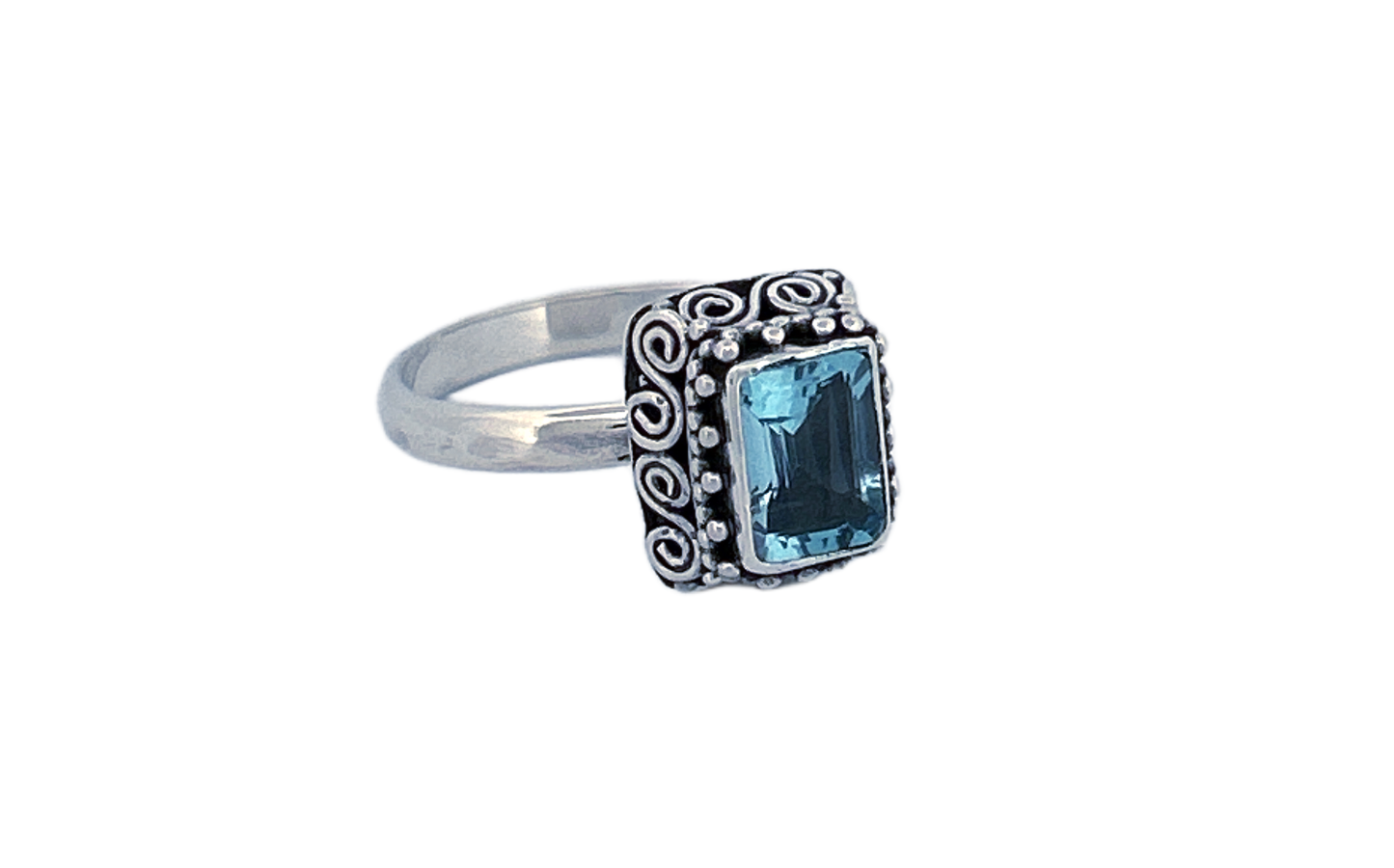 Hand Finished Sterling Silver Rectangular Cut Blue Topaz Ring- R73