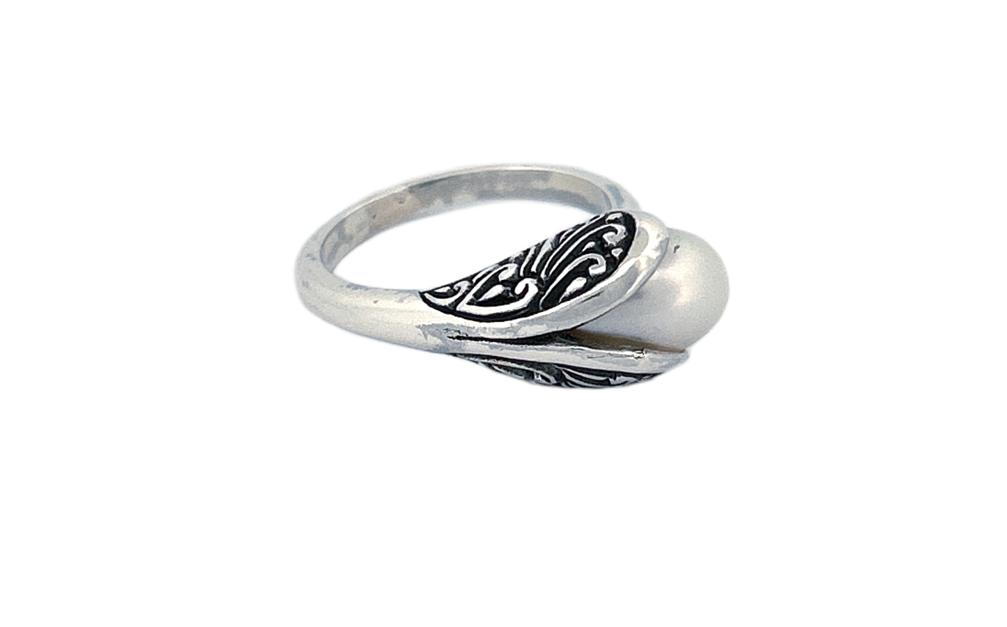 Sterling Silver Pearl Ring – Leaf Wrap Design