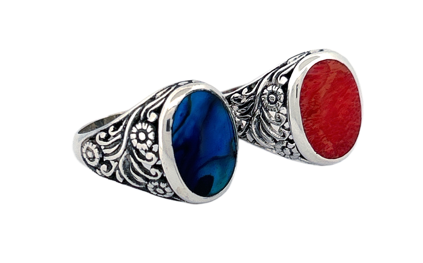 Sterling Silver Gemstone Rings – Abalone Shell & Coral
