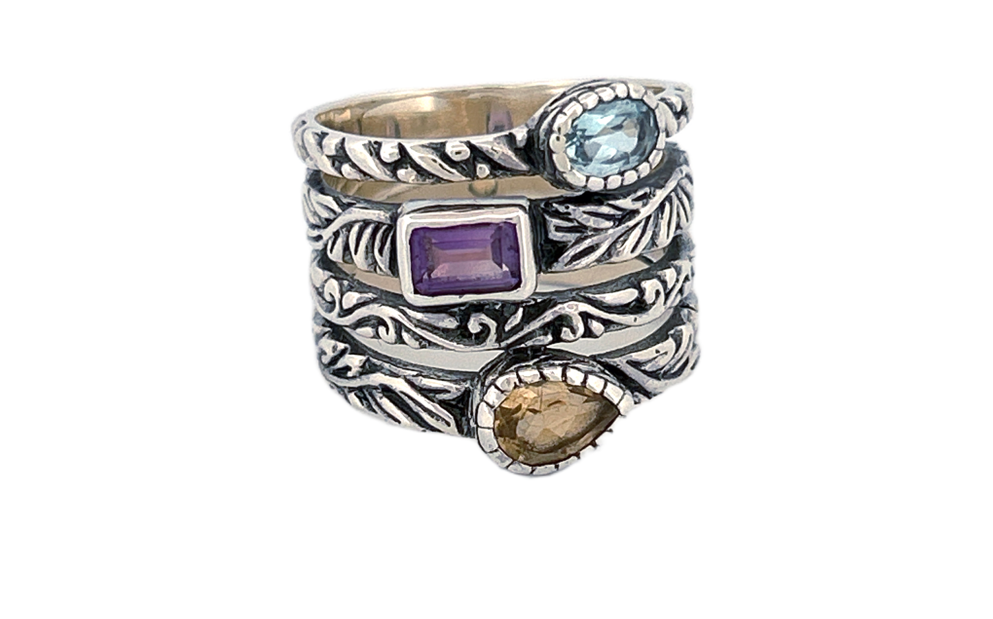 Sterling Silver Gemstone Stack Ring – Blue Topaz, Citrine & Amethyst