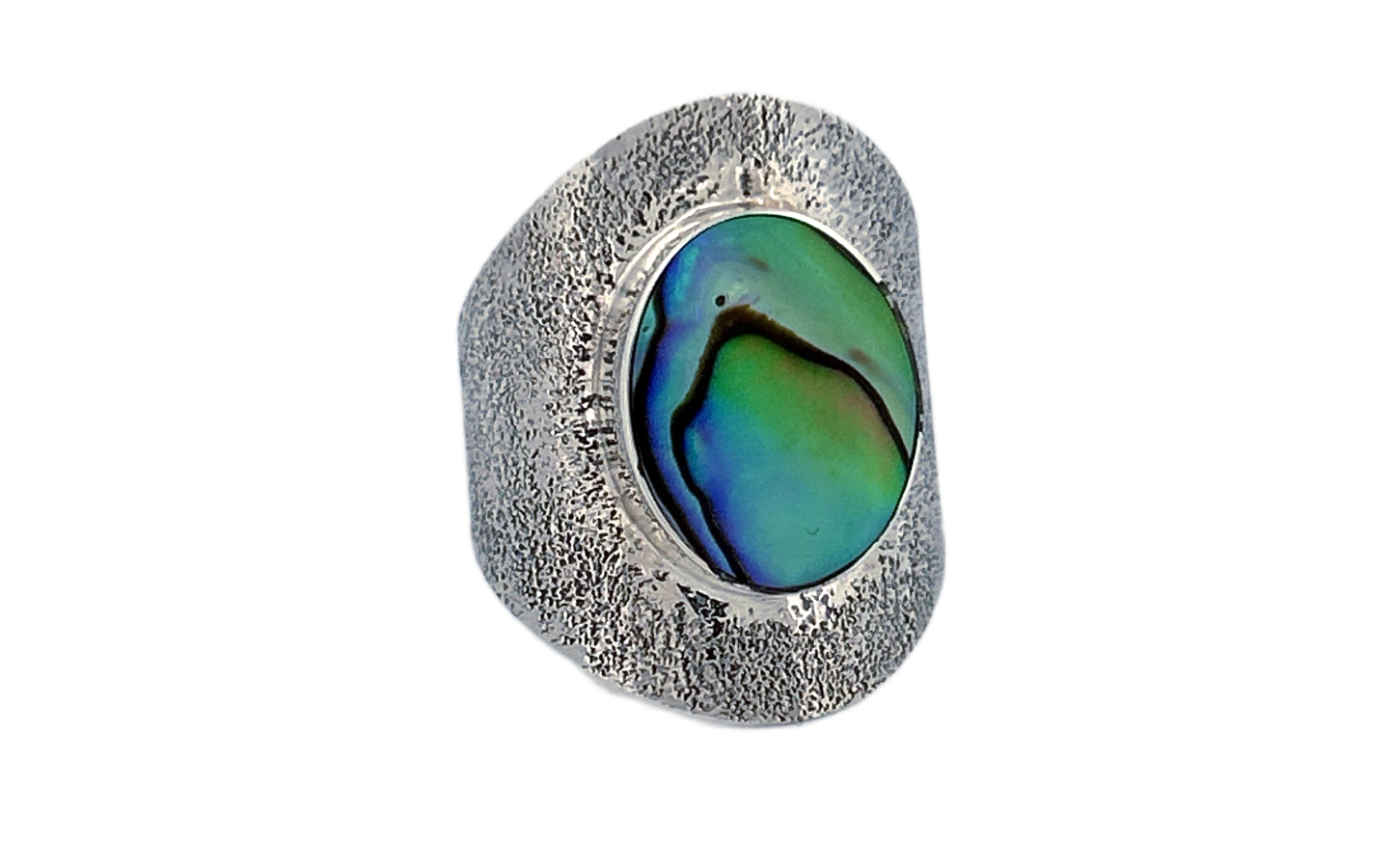 Sterling Silver Abalone Shell Ring – Wide Textured Band