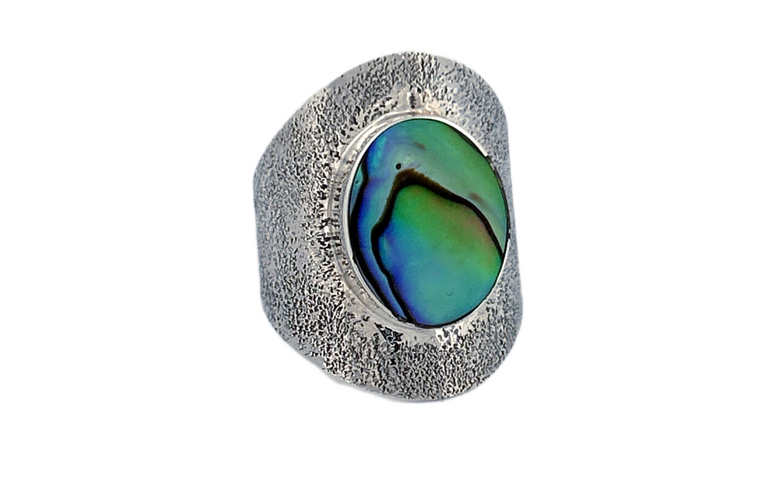 Sterling Silver Abalone Shell Ring – Wide Textured Band