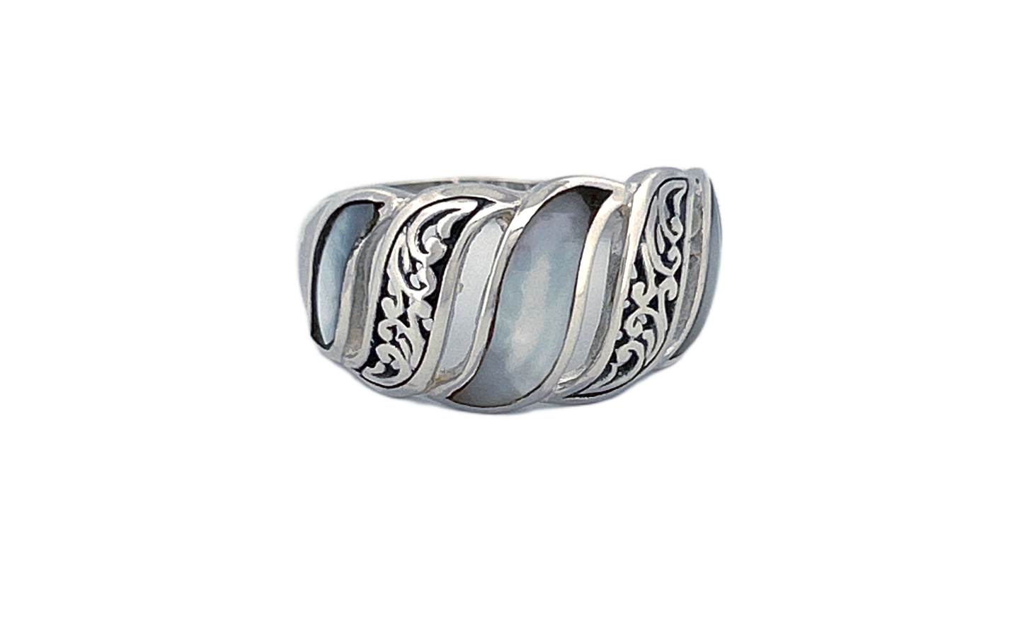 Sterling Silver Mother of Pearl Ring – Wave Pattern Design