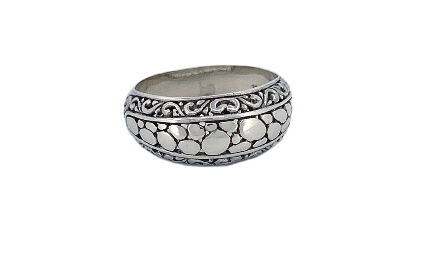 Sterling Silver Band Ring – Pebble & Scroll Pattern